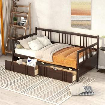 Twin Size Daybed Frame With 2 Drawers And 3 Side Guardrail, Wooden Slats Support, No Box Spring Needed, Daybed Bed Frame