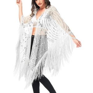 Anna-Kaci Women's Semi Sheer Boho Sequin Fringe Sparkle Drop Shoulder Shrug for Fashion Looks - 1 of 4