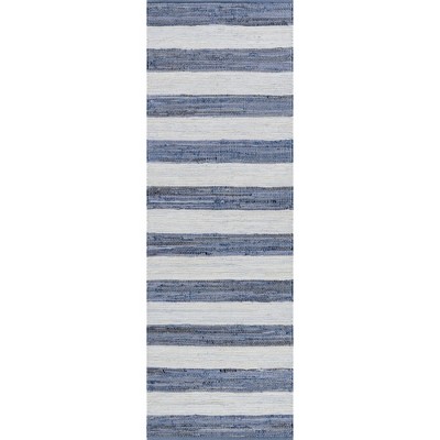 Home Conservatory Striped Rag Handwoven Cotton Runner Indoor Area Rug - 2' 6" x 8', Blue