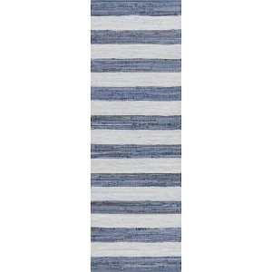Home Conservatory Striped Rag Handwoven Cotton Runner Indoor Area Rug - 2' 6" x 8', Blue - 1 of 4