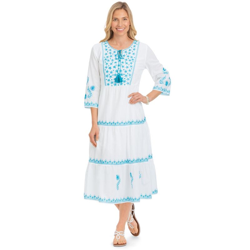 Collections Etc Beautiful Embroidered Scoop Neckline Tiered Dress with 3/4 Sleeves, 1 of 6