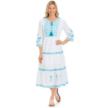 Collections Etc Beautiful Embroidered Scoop Neckline Tiered Dress with 3/4 Sleeves