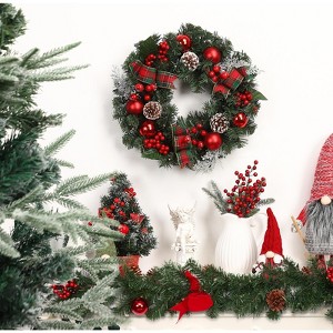 18" Prelit Christmas Wreath with 15 Lights Red Green Plaid Ribbon Pinecones Ball Oranments for Front Door - 1 of 4