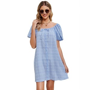 Clearlove Women Summer Back Bow Tie Mini Dress Square Neck Puff Short Sleeve A Line Dress - 1 of 4