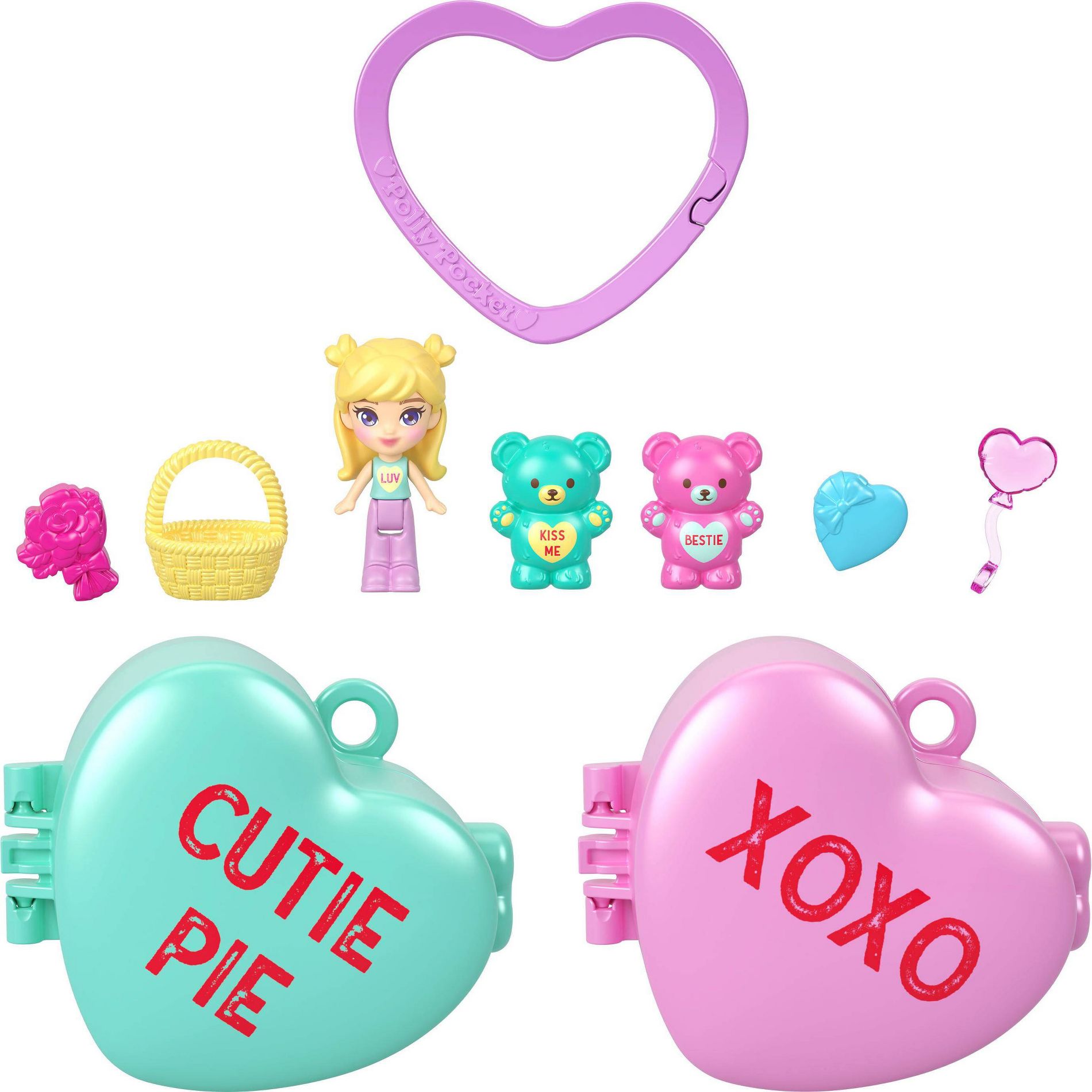 Polly Pocket Sweethearts Doll & 2 Playsets with 7 Accessories, Compact Travel Toy with Keychain Clip