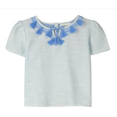 Girls Embroidered Striped Short Sleeve Blouse - POPPET & FOX