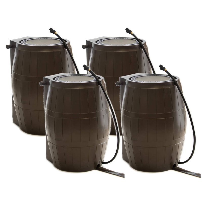 FCMP Outdoor 50-Gallon BPA Free Flat Back Home Rain Catcher Water Storage Collection Barrel for Watering Outdoor Plants & Gardens, Brown (4 Pack), 1 of 7