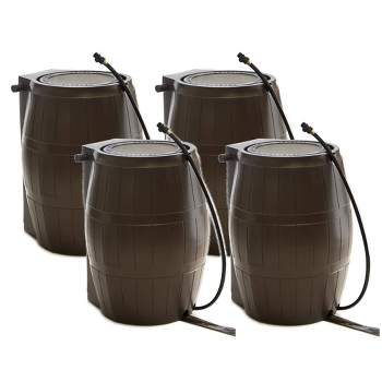 FCMP Outdoor 50-Gallon BPA Free Flat Back Home Rain Catcher Water Storage Collection Barrel for Watering Outdoor Plants & Gardens, Brown (4 Pack)
