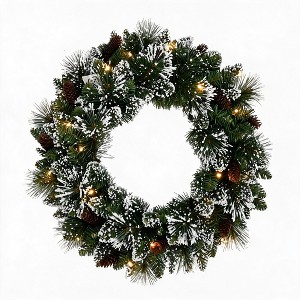Pre-Lit Snowy Pine Wreath for Front Door – 24 Inch Christmas Decor