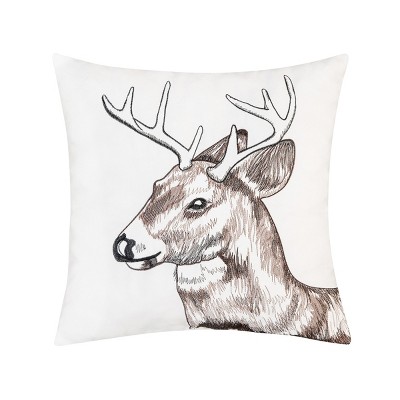 White and Brown Embroidered Deer Portrait Square Pillow
