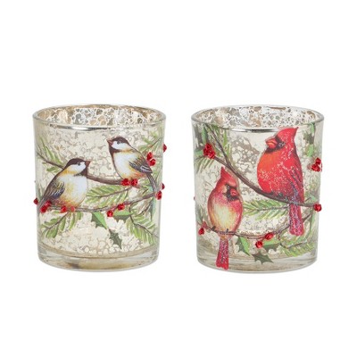 Mercury Glass Votive Candle Holder with Bird and Berry Branch (Set of 6)