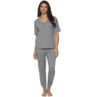 Jessie Jersey Knit Lounge Set | Felina | Henley & Jogger Lounge Set  (Heather Silver, X-Large)