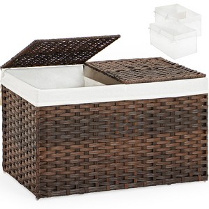Aoibox Large Rattan Storage Basket with Dual Lids 27.8 Gallon Woven Wicker Bin 2 Liners Handles for Bedroom Laundry - 1 of 4