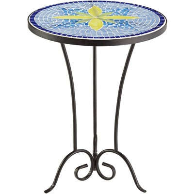 Teal Island Designs Rustic Black Round Outdoor Accent Table 17 1/2" Wide Blue Yellow Mosaic Tabletop for Porch Patio Home House