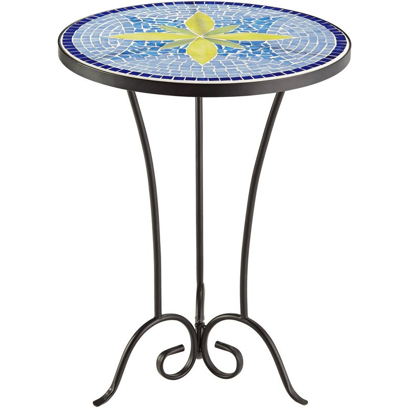 Teal Island Designs Rustic Black Round Outdoor Accent Side Table 17 1/2" Wide Blue Yellow Mosaic Tabletop for Front Porch Patio Home House, 1 of 8