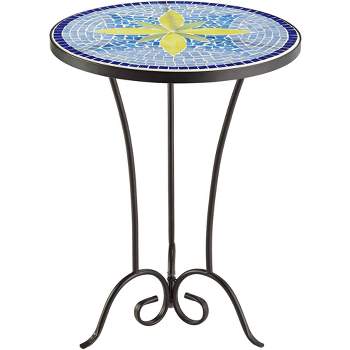 Teal Island Designs Rustic Black Round Outdoor Accent Side Table 17 1/2" Wide Blue Yellow Mosaic Tabletop for Front Porch Patio Home House