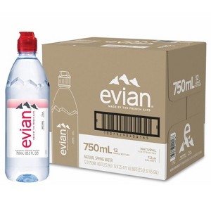 evian Natural Spring Water, 750 ml (25.36 fluid ounce) Water Bottle with Sports Cap, 12 Pack - 1 of 4