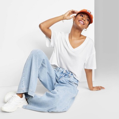 Women's Short Sleeve Relaxed Fit V-Neck Cropped T-Shirt - Wild Fable™ White S