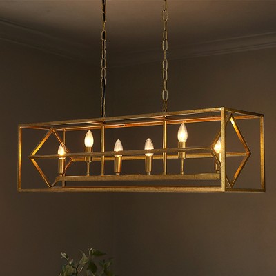 ALOADECOR 6-Light 39'' Antique Gold Modern Candle Linear Chandelier Rectangle Industrial Dining Room Kitchen Island Ceiling Light