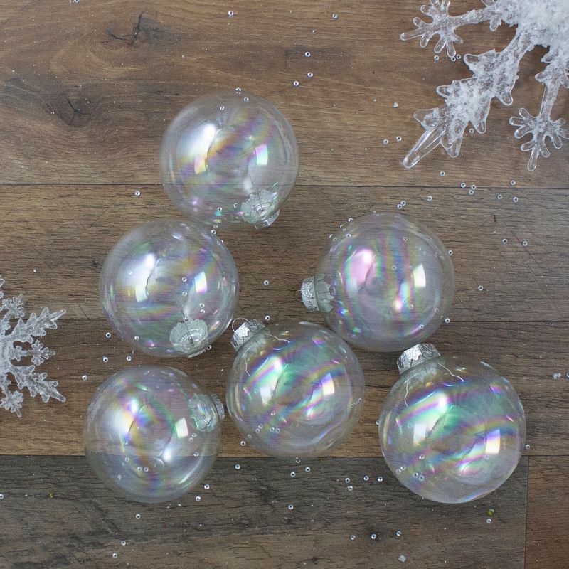 Northlight 6ct Clear and Silver Iridescent Glass Ball Christmas Ornament Set 3.25" (80mm), 2 of 4