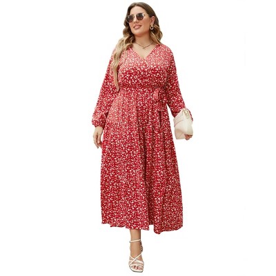 Clearlove Women's Plus Size V-Neck Long Sleeves A-Line Pleated Floor Length Formal Dress