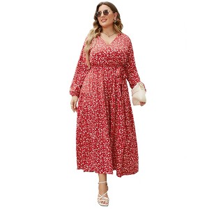 Clearlove Women's Plus Size V-Neck Long Sleeves A-Line Pleated Floor Length Formal Dress - 1 of 4
