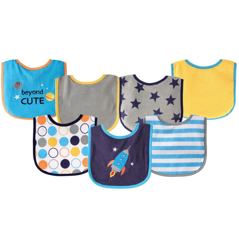 Luvable Friends Baby Boy Cotton Terry Drooler Bibs with PEVA Back 7pk, Blue Rocket, One Size, 1 of 3