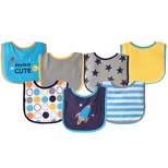 Luvable Friends Baby Boy Cotton Terry Drooler Bibs with PEVA Back 7pk, Blue Rocket, One Size