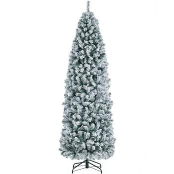 Costway 7.5ft Pre-lit Snow Flocked Artificial Pencil Christmas Tree W ...