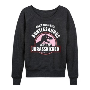 Women's - Instant Message - Auntie-saurus Jurasskicked Lightweight French Terry Wide Neck Long Sleeve Graphic Shirt - 1 of 4