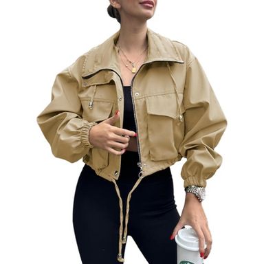 Imily Bela Womens Cropped Jacket Zip Up Lightweight Oversized