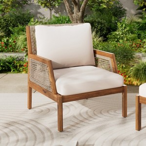 Acacia Wood Outdoor Wicker Club Chair, Woven Accent Chair Armchair with Cushions, Patio Lounge Chair for Porch, Garden & Balcony, Brown - ModernLuxe - 1 of 4