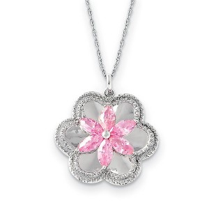 Black Bow Jewelry Rhodium Plated Sterling Silver & CZ Pretty in Pink Flower Necklace - 1 of 4