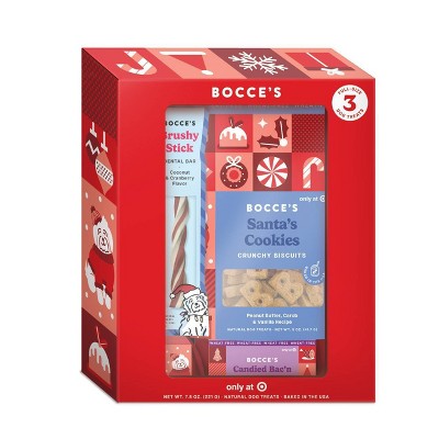 Bocce's Bakery Vanilla, Cinnamon, Cranberry, Bacon, Coconut, Peanut Butter Flavor Dental Hard Crunchy and Chewy Dog Treat Gift Set - 7.8oz