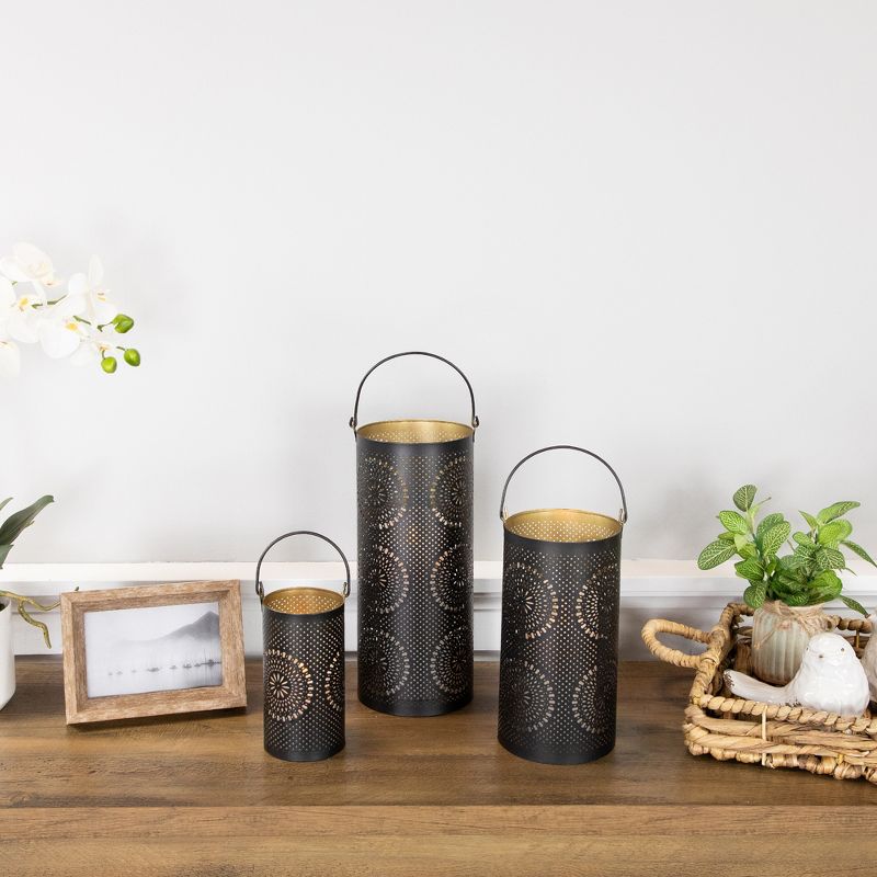 Northlight Set of 3 Black and Gold Laser-Cut Floral Pillar Candle Lanterns 12.5", 3 of 8