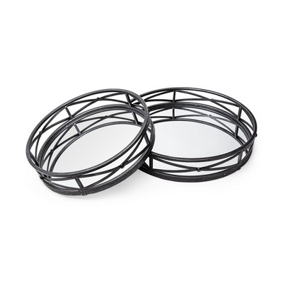 HomeRoots Set of Two Black Round Metal And Mirrored Glass Vanity Trays