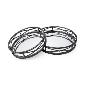 HomeRoots Set of Two Black Round Metal And Mirrored Glass Vanity Trays - 1 of 4