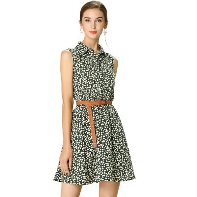 INSPIRE CHIC Women's Floral Sleeveless Half Placket Mini Belted Summer Dress