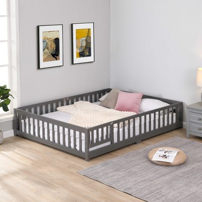 LOVMOR Montessori Floor Bed with Safety High Fence, Wood Kids Floor Beds Frame, Solid Wood Toddler Playhouse Bedframe