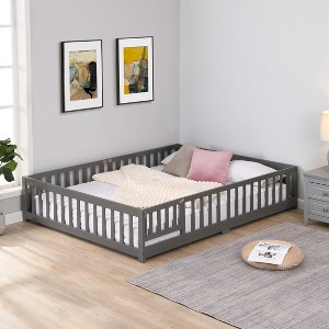 LOVMOR Montessori Floor Bed with Safety High Fence, Wood Kids Floor Beds Frame, Solid Wood Toddler Playhouse Bedframe - 1 of 4
