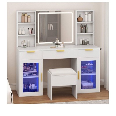 Modern Vanity Desk with Stool Makeup Table LED Lighted Mirror RGB Glass Cabinets 3 Drawers Shelves for Bedroom Dressing Room Dresser