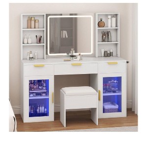 Modern Vanity Desk with Stool Makeup Table LED Lighted Mirror RGB Glass Cabinets 3 Drawers Shelves for Bedroom Dressing Room Dresser - 1 of 4