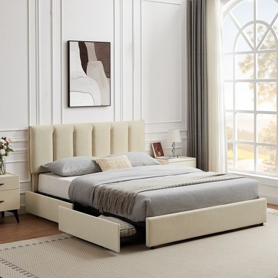 Vecelo Full Size Upholstered Bed Frame With 4 Storage Drawers And ...