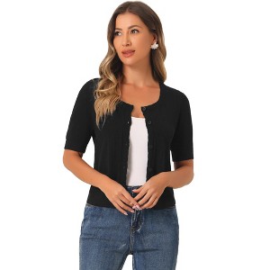 Allegra K Women's Casual Crochet Knit Button Up Sweater Short Sleeve Cardigan - 1 of 4