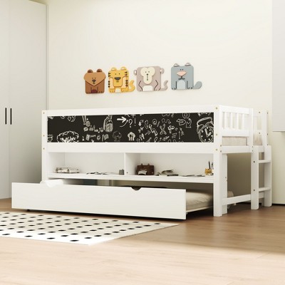 NicBex Twin Size Loft Bed with Storage Shelves & Blackboard/ Trundle,Wooden Bunk Bed Frame for Kids Room,Bedroom