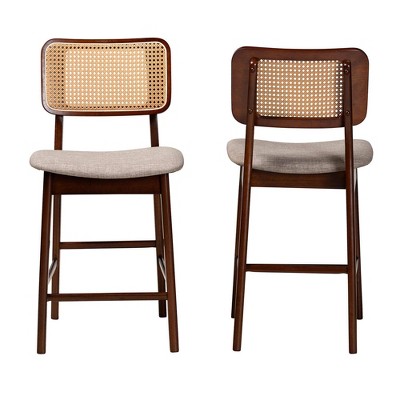 Baxton Studio 2pc Dannon Fabric and Wood Counter Height Barstools: Mid-Century Rattan Design, Ergonomic Footrest