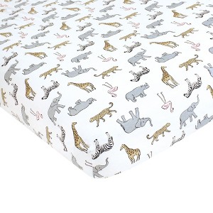 Hudson Baby Infant Girl Cotton Fitted Crib Sheet, Modern Pink Safari, One Size - 1 of 2