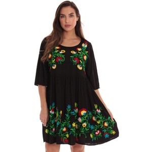 Riviera Sun Womens Short Sleeve Rayon Crepe Short Dress with Multicolored Embroidery - 1 of 3