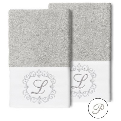 Set of 2 Monogrammed Hand Towels Light Gray/P - Linum Home Textiles