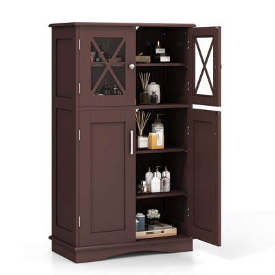 Costway Bathroom Storage Cabinet Linen Storage Cabinet with Doors and Adjustable Shelves Black/Grey/Brown/White